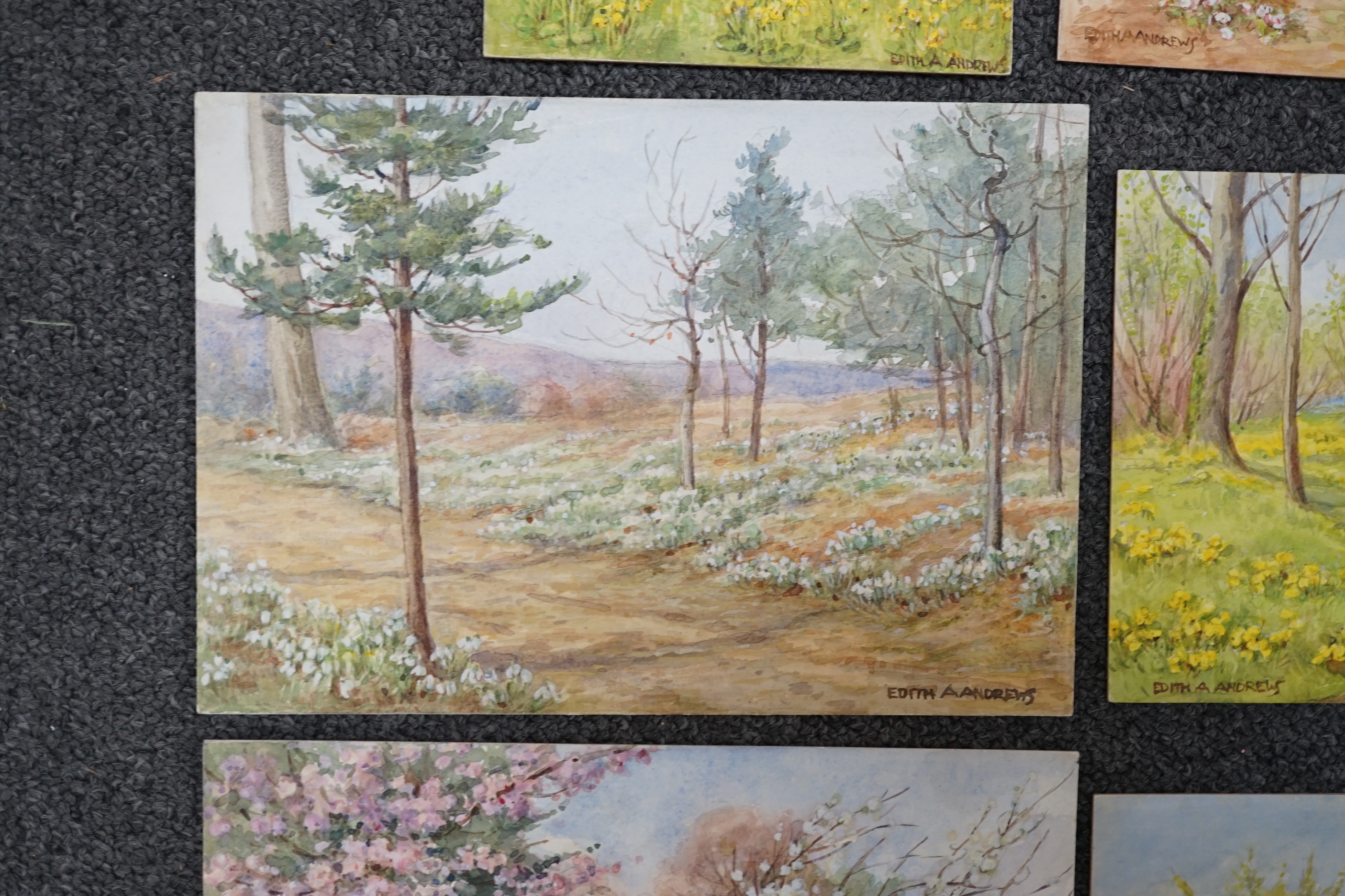 Edith Alice Andrews (Exh. 1900-1940), six watercolour designs for postcards, Country Scenes, signed, largest 16 x 22cm, unframed